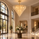 Candelabru Cristal Ander, 8xE14, Diametru 70 cm, Auriu, Metal si Cristal