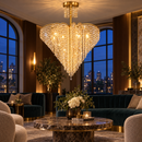 Candelabru Cristal Ander, 8xE14, Diametru 70 cm, Auriu, Metal si Cristal
