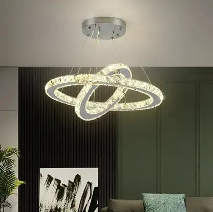 Lustra LED cu telecomanda si cristal PRISM LUMINIS, 58W, 2 Cercuri, lumina Rece/Calda/Neutra, Dimabila, Argintiu, Inaltime Reglabila