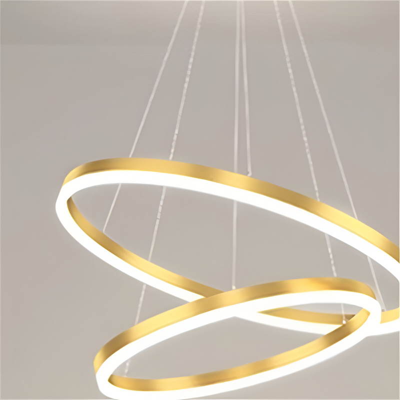 Lustra LED suspendata cu telecomanda ELIZABETH, 84W, 3 Cercuri, lumina Rece/Calda/Neutra, Dimabila, Auriu Lucios, Inaltime Reglabila