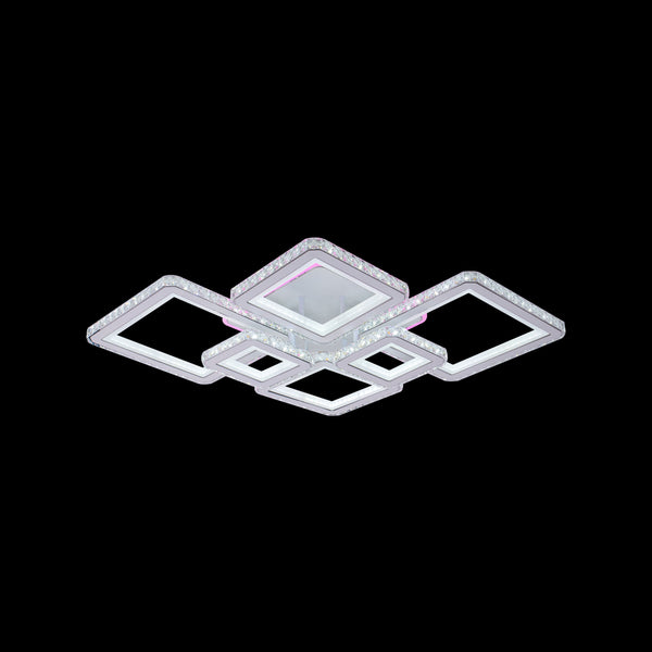 Lustra LED cu telecomanda si cristal QUADRIS RGB 170W, 6 Patrate, Lumina Rece/Calda/Neutra, Dimabila, Alb