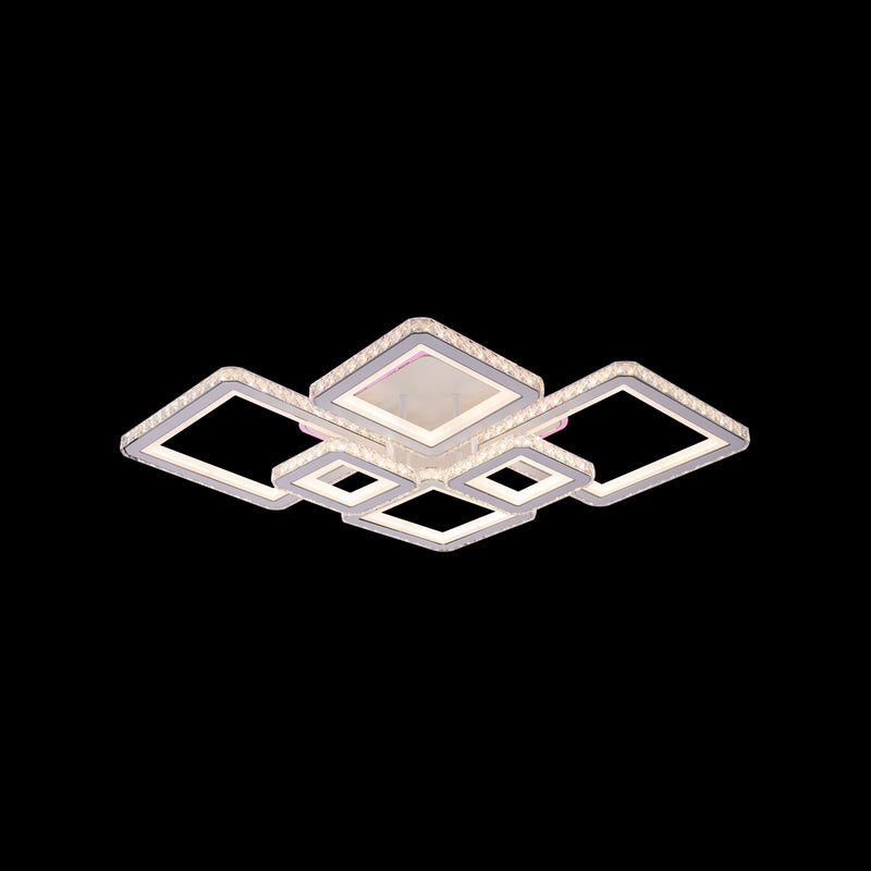 Lustra LED cu telecomanda si cristal QUADRIS RGB 170W, 6 Patrate, Lumina Rece/Calda/Neutra, Dimabila, Alb