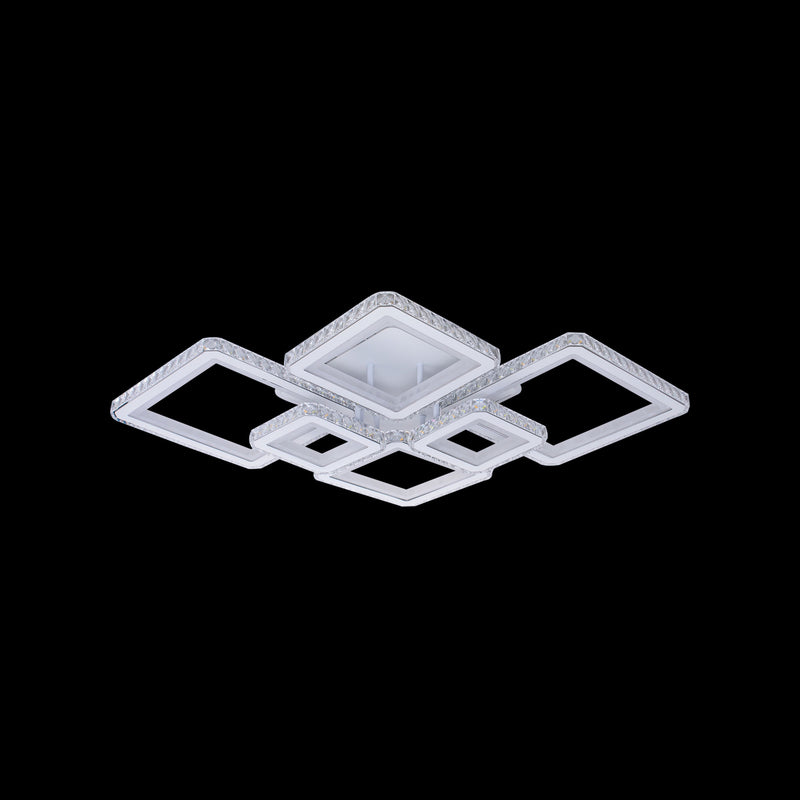 Lustra LED cu telecomanda si cristal QUADRIS RGB 170W, 6 Patrate, Lumina Rece/Calda/Neutra, Dimabila, Alb