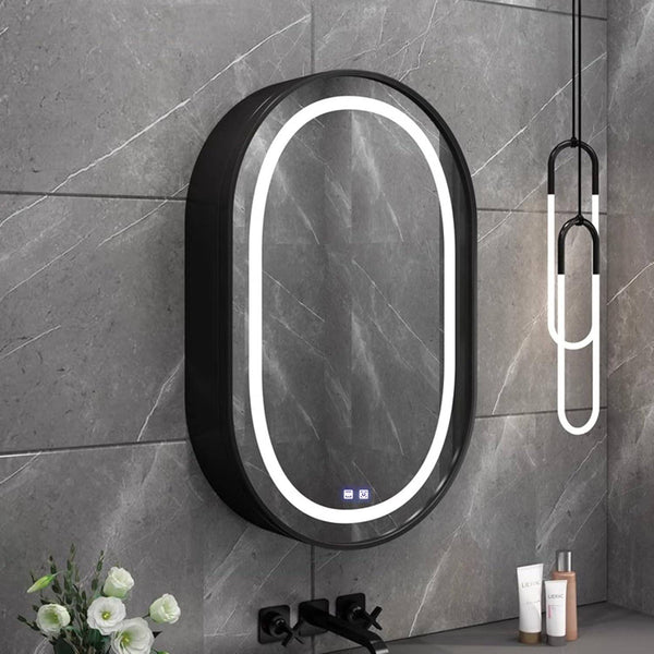Oglinda LED cu Dulap, Ovala, 50x80cm, Rama Neagra, Spatiu de Depozitare