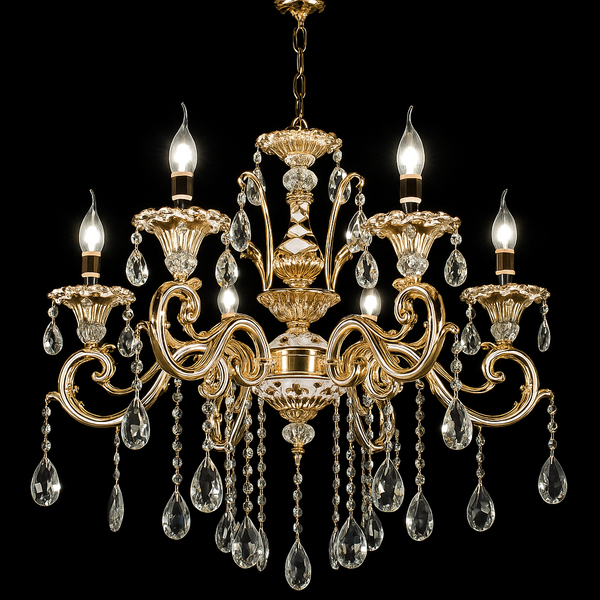 Candelabru Cristal Luciano, 6*E14, Auriu, Metal si Cristal