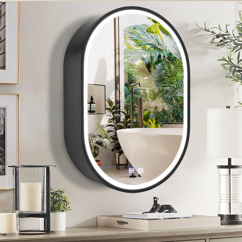 Oglinda LED cu Dulap, Ovala, 50x80cm, Rama Neagra, Spatiu de Depozitare