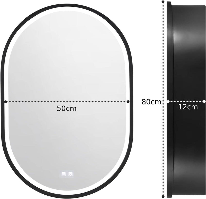 Oglinda LED cu Dulap, Ovala, 50x80cm, Rama Neagra, Spatiu de Depozitare