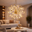 CC372-600GD FloraLux gold crystal chandelier displayed in a modern living room