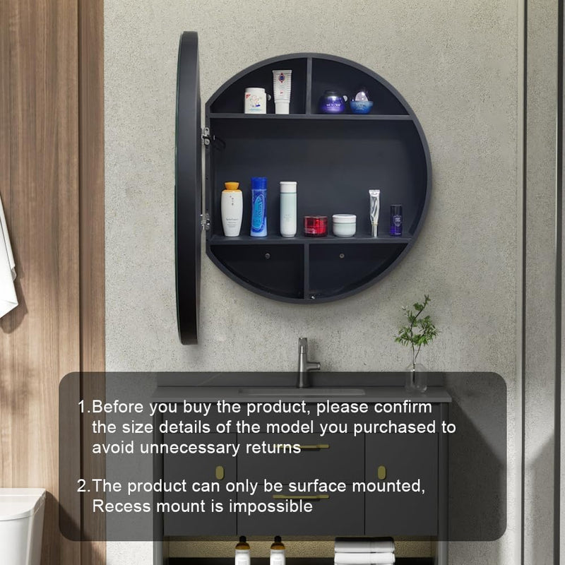 Oglinda LED cu Dulap, Rotunda, 50x50cm, Dezaburire, Rama Neagra, Spatiu de Depozitare