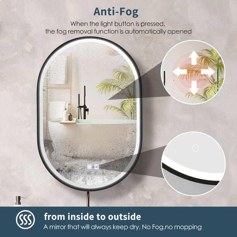 Oglinda LED cu Dulap, Ovala, 50x80cm, Rama Neagra, Spatiu de Depozitare