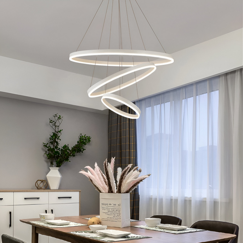 Lustra LED suspendata cu telecomanda SERENA 84W, 3 Cercuri, lumina Rece/Calda/Neutra, Dimabila, Alb, Inaltime Reglabila