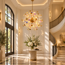 CC372-600GD FloraLux gold crystal chandelier in a double-height interior