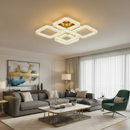 Lustra LED RENATO Magno cu telecomanda si cristal,  118W, 5 Patrate, Lumina Rece/Calda/Neutra, Dimabila, Auriu