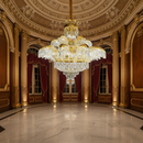 Candelabru Cristal PALACE Supremo 29xG9, D115cm, Auriu Lucios, Inaltime Reglabila, Metal si Cristal