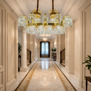 Candelabru Cristal PALACE Grande, 12 brate, 20xG9, 120cm, Auriu Lucios, Inaltime Reglabila, Metal si Cristal