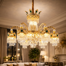 Candelabru Cristal 13xE14, D80cm, Auriu Lucios, Inaltime Reglabila, Metal si Cristal