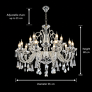 Candelabru Cristal 15xE14, D95cm, Argintiu, Inaltime Reglabila, Metal si Cristal