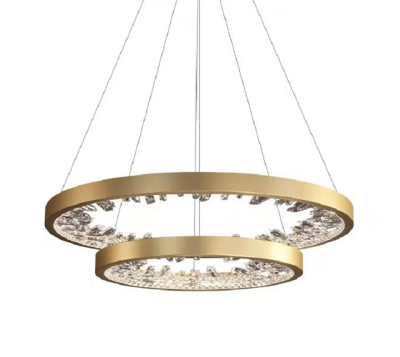 Lustra LED suspendata cu telecomanda, Cristale K9, 110W, 2 Cerc, lumina Rece/Calda/Neutra, Dimabila, Auriu Lucios, Inaltime Reglabila