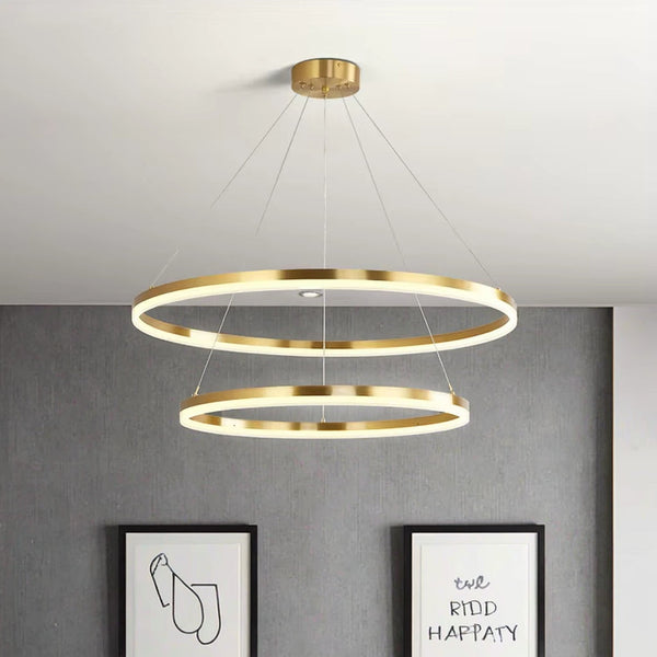 Lustra LED suspendata cu telecomanda  CHRISTINE, 69W, 2 Cercuri, lumina Rece/Calda/Neutra, Dimabila, Auriu Lucios, Inaltime Reglabila