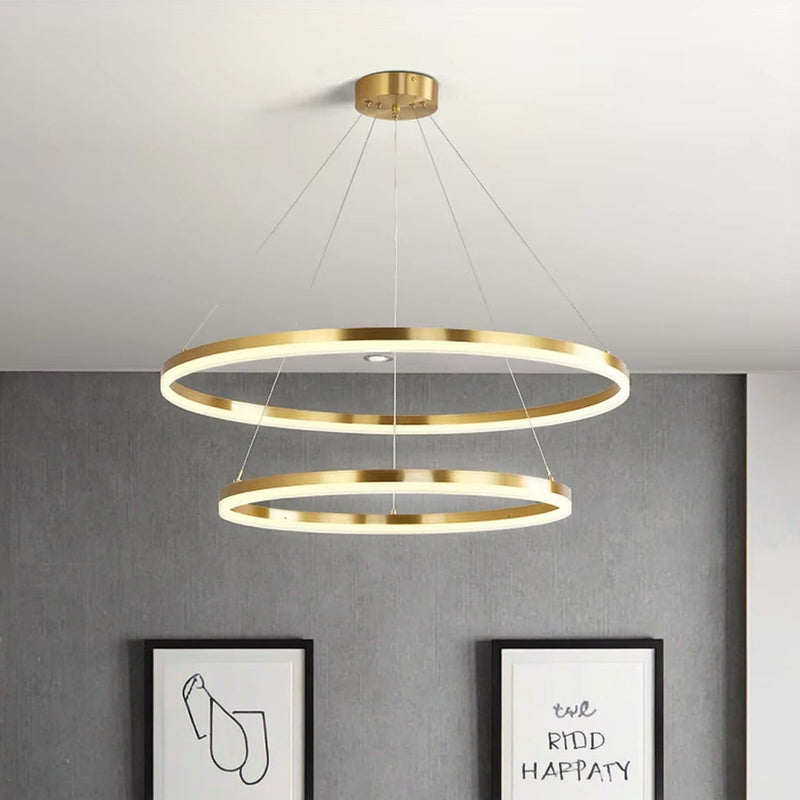 Lustra LED suspendata cu telecomanda  CHRISTINE, 69W, 2 Cercuri, lumina Rece/Calda/Neutra, Dimabila, Auriu Lucios, Inaltime Reglabila