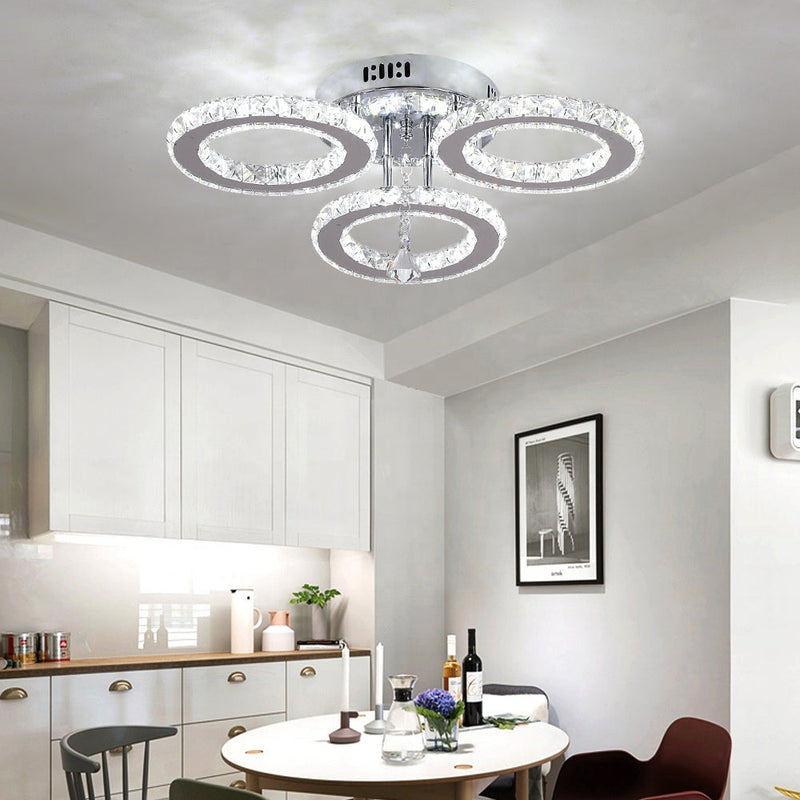 Lustra LED cu telecomanda si cristal ALANUBIS 37W, 3 Cercuri, lumina Rece/Calda/Neutra, Dimabila, Crom Lucios