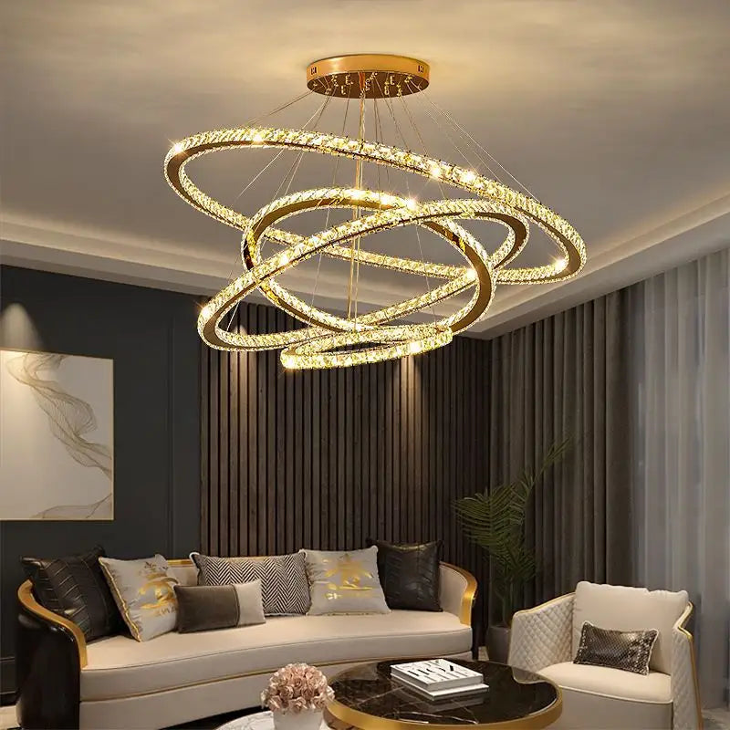 Lustra LED PRISM Luminis, Cristal si Metal, 4 Cercuri, Dimabila, Inaltime Reglabila, Lumina Rece/Calda/Neutra, Iluminat Luxos