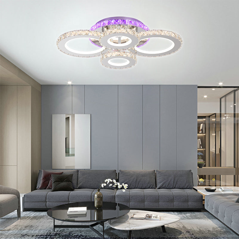 Lustra LED cu telecomanda si cristal NOVA ROTONDA RGB 72W, 4 Cercuri, lumina Rece/Calda/Neutra, Dimabila