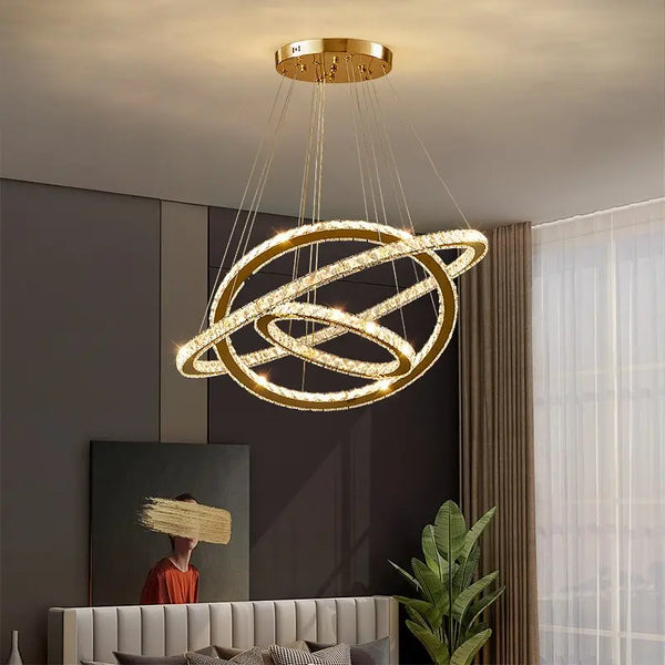 Lustra LED PRISM Luminis, Cristal si Metal, 4 Cercuri, Dimabila, Inaltime Reglabila, Lumina Rece/Calda/Neutra, Iluminat Luxos