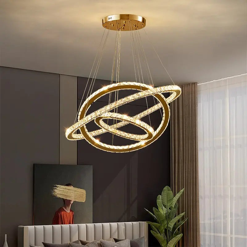 Lustra LED PRISM Luminis, Cristal si Metal, 4 Cercuri, Dimabila, Inaltime Reglabila, Lumina Rece/Calda/Neutra, Iluminat Luxos