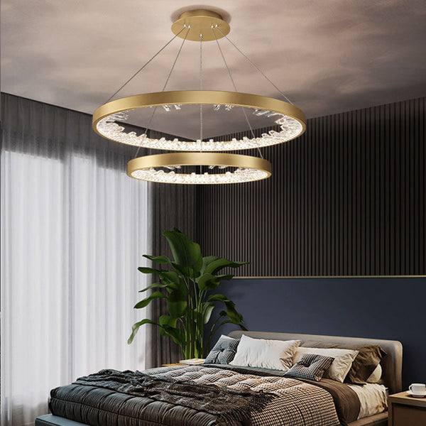 Lustra LED suspendata cu telecomanda, Cristale K9, 110W, 2 Cerc, lumina Rece/Calda/Neutra, Dimabila, Auriu Lucios, Inaltime Reglabila