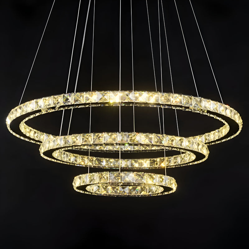 Lustra LED suspendata cu telecomanda si cristal PRISM LUMINIS 78W, 3 Cercuri, lumina Rece/Calda/Neutra, Dimabila, Argintiu, Inaltime Reglabila
