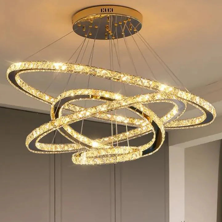 Lustra LED PRISM Luminis, Cristal si Metal, 210W, 4 Cercuri, Dimabila, Inaltime Reglabila, Lumina Rece/Calda/Neutra, Iluminat Luxos