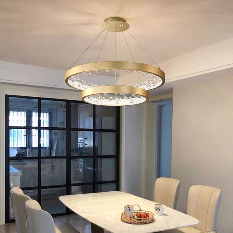 Lustra LED suspendata cu telecomanda, Cristale K9, 110W, 2 Cerc, lumina Rece/Calda/Neutra, Dimabila, Auriu Lucios, Inaltime Reglabila