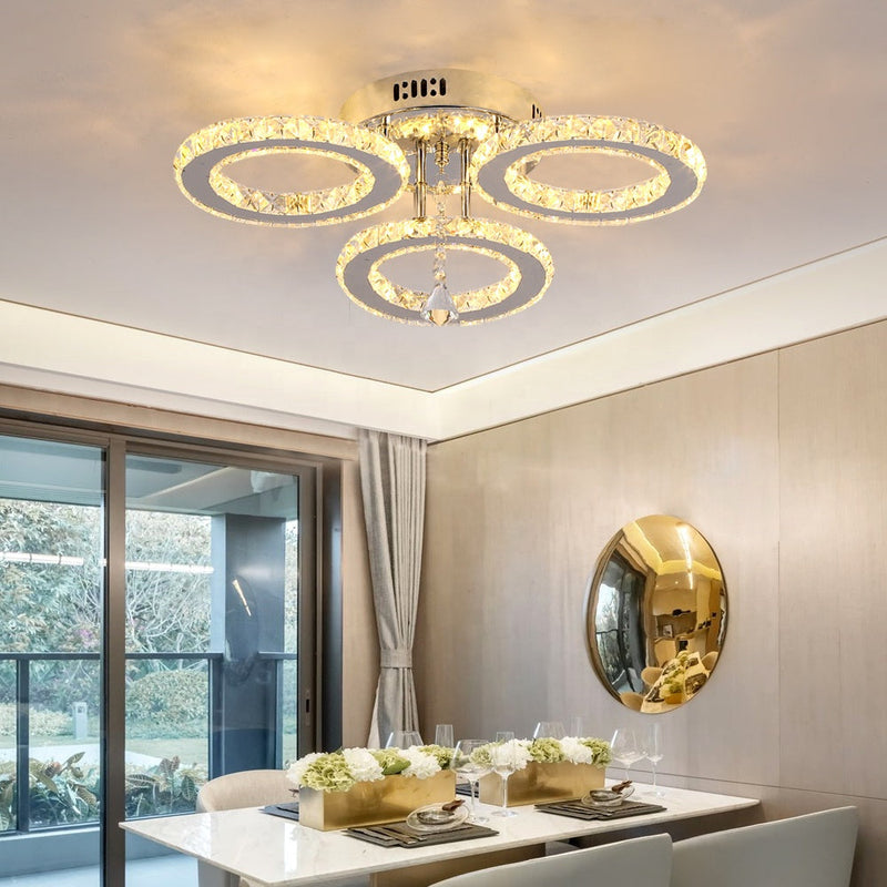 Lustra LED cu telecomanda si cristal ALANUBIS 37W, 3 Cercuri, lumina Rece/Calda/Neutra, Dimabila, Crom Lucios