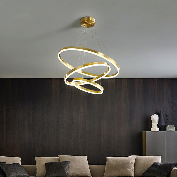 Lustra LED suspendata cu telecomanda ELIZABETH, 84W, 3 Cercuri, lumina Rece/Calda/Neutra, Dimabila, Auriu Lucios, Inaltime Reglabila