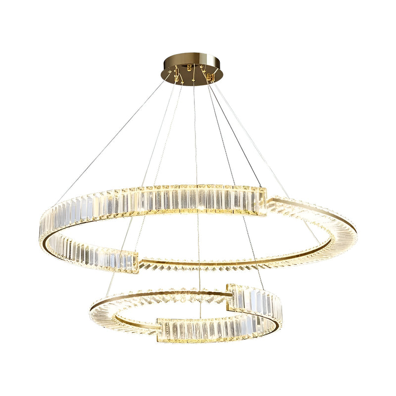 Lustra LED suspendata cu telecomanda si cristal PRISM REGAL 200W, 2 Cercuri, lumina Rece/Calda/Neutra, Dimabila, Auriu, Inaltime Reglabila