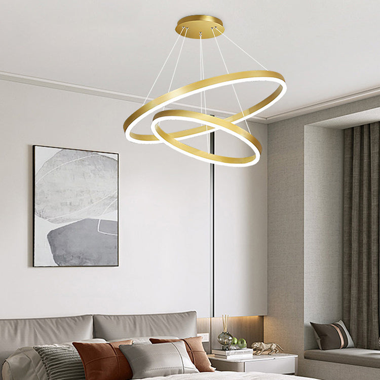 Lustra LED suspendata cu telecomanda  CHRISTINE, 69W, 2 Cercuri, lumina Rece/Calda/Neutra, Dimabila, Auriu Lucios, Inaltime Reglabila