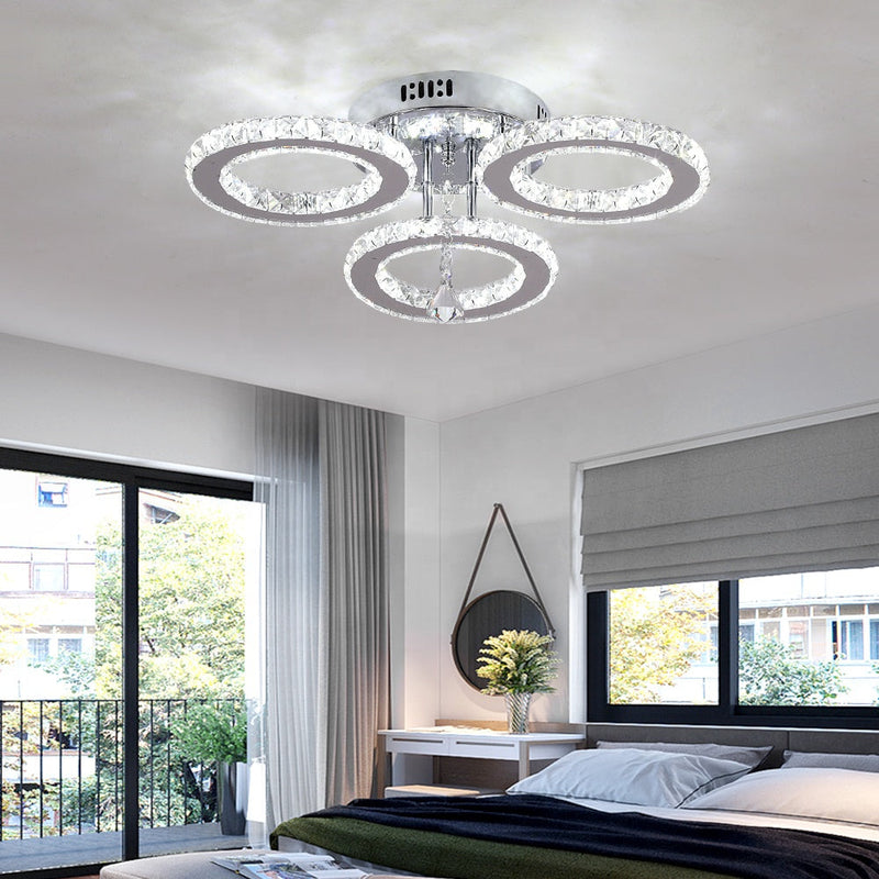 Lustra LED cu telecomanda si cristal ALANUBIS 37W, 3 Cercuri, lumina Rece/Calda/Neutra, Dimabila, Crom Lucios