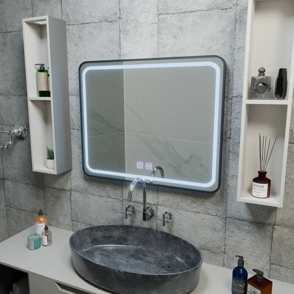 Oglinda LED Rectangulara 90x75cm Edge LUMINOUS Touch Sistem Dezaburire, Rama Neagra