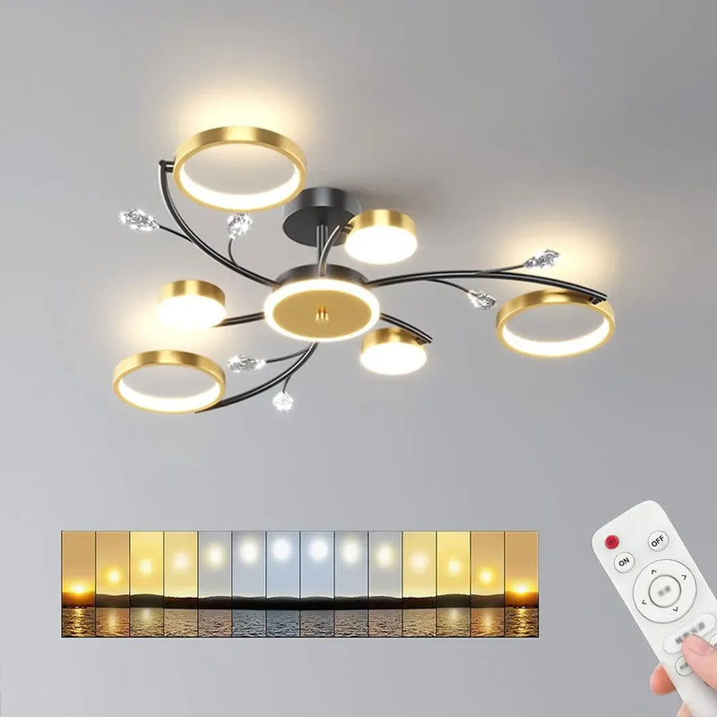 Lustra LED cu Telecomnda KARINA, 61W, 6 Elemente, Lumina Calda/Rece/Neutra, Dimabila, Auriu