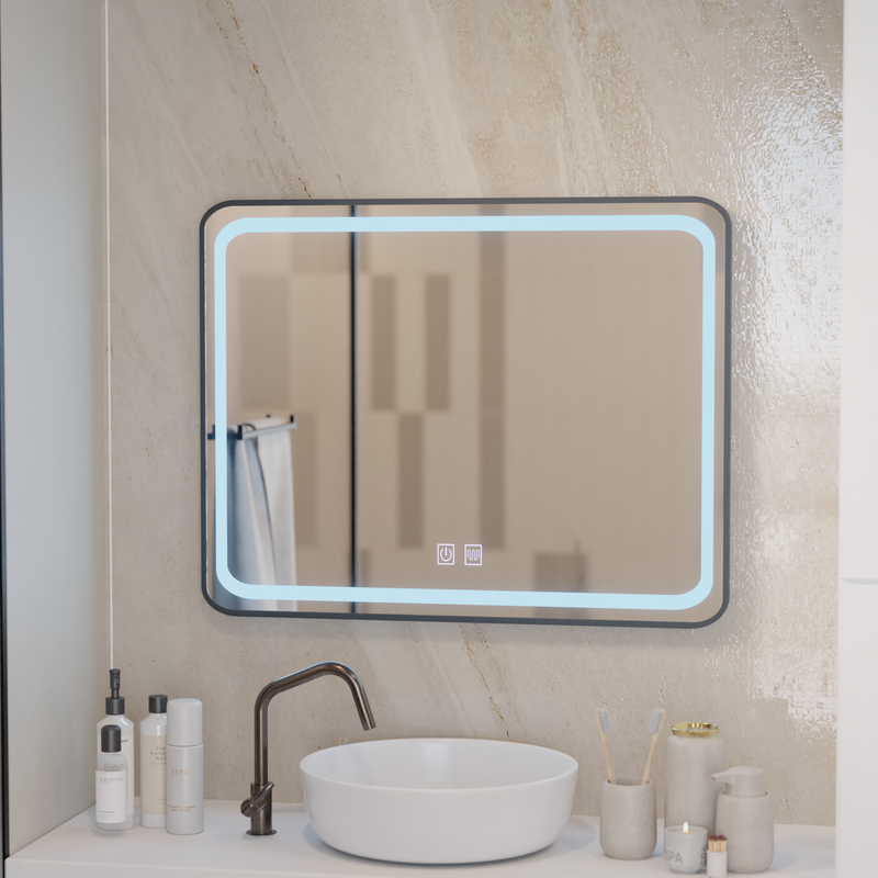 Oglinda LED Rectangulara 80x60cm – Edge LUMINOUS Touch Sistem Dezaburire, Rama Neagra