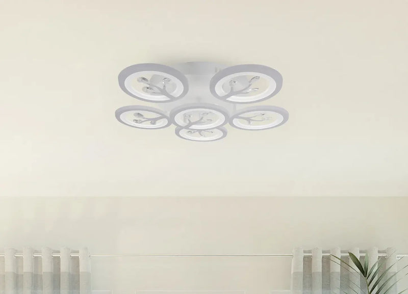 Lustra LED cu telecomanda si cristal DAISY 72W, 6 Elemente, lumina Rece/Calda/Neutra, Dimabila, Alb
