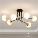 Lustra cu Glob Alb Rotund, PENTHOUSE Lounge, 6xE27, Negru / Auriu, Metal si Sticla