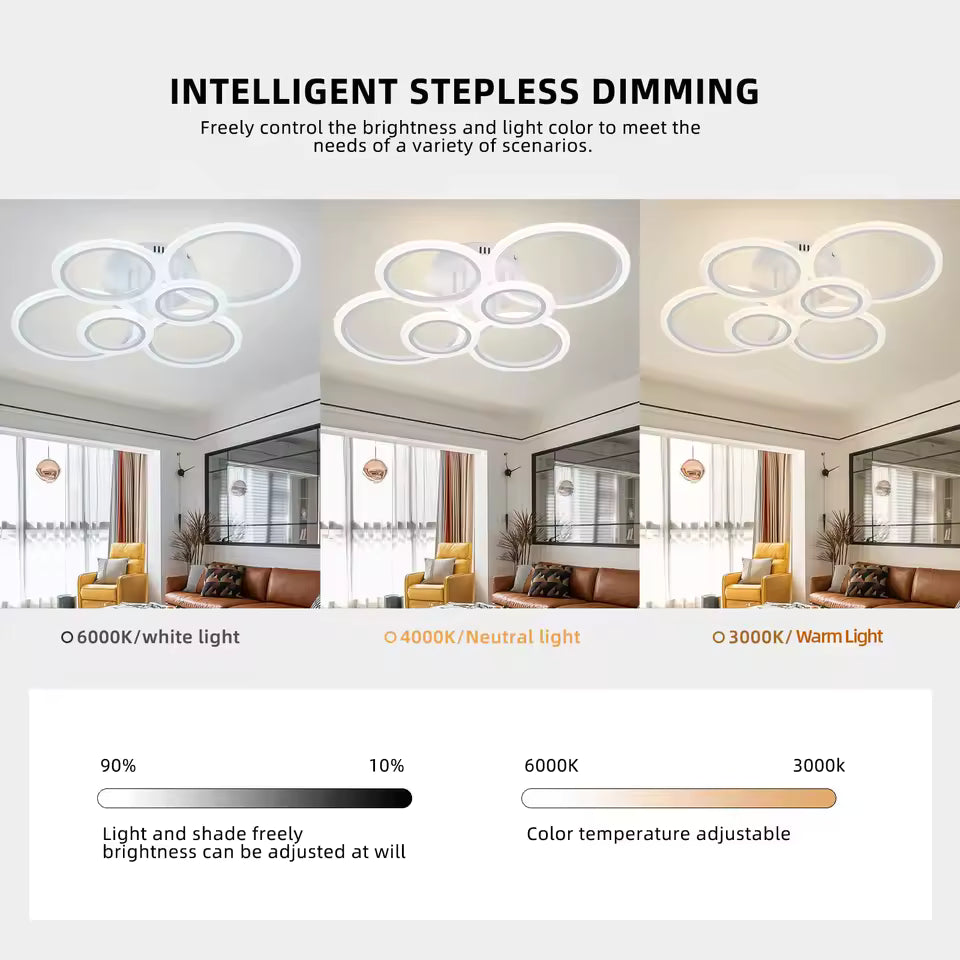 Lustra LED cu telecomanda BETTY 82W, 6 Cercuri, lumina Rece/Calda/Neutra, Dimabila, Alb