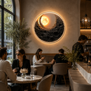 Tablou Sticla cu iluminare LED Eclipsa de Aur, Diametru 80 cm, 24W, Lumina Neutra, Aliaj de Aluminiu si MDF