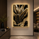 Tablou Sticla cu iluminare LED Frunze de Bananier, 80 x 160 cm, 24W, Lumina Neutra, Aliaj de Aluminiu si MDF