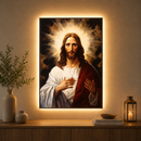 Tablou Sticla cu iluminare LED Inima Sacra a lui Iisus, 60 x 80 cm, 24W, Lumina Neutra, Aliaj de Aluminiu si MDF