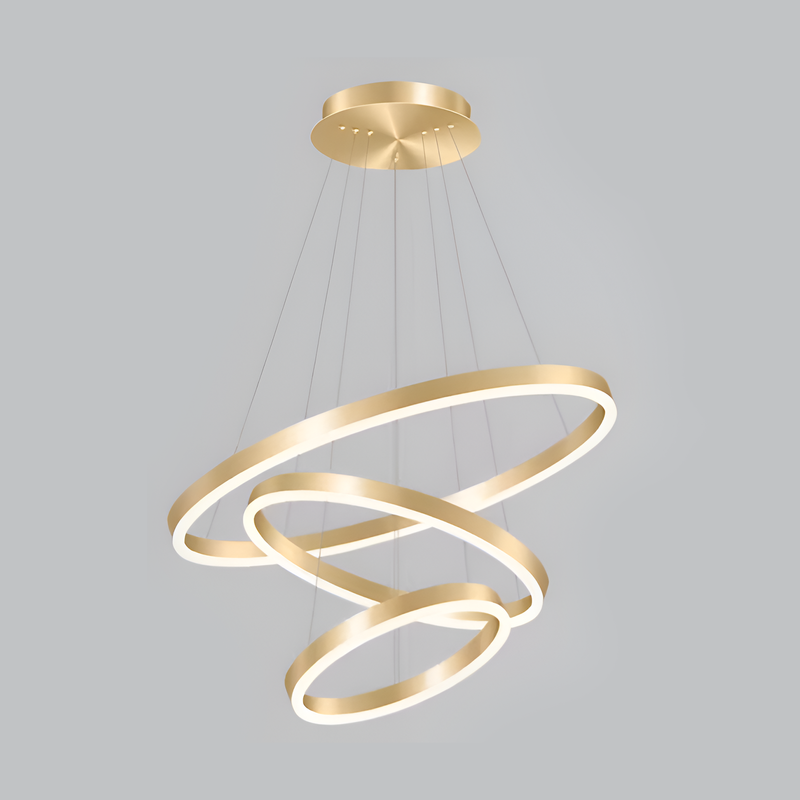 Lustra LED suspendata cu telecomanda ELIZABETH, 84W, 3 Cercuri, lumina Rece/Calda/Neutra, Dimabila, Auriu Lucios, Inaltime Reglabila