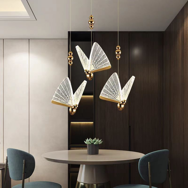 Lustră Suspendată LED Acril Butterfly 9W cu Telecomandă, Dimabilă, 3000K/4000K/6000K, Auriu, Metal și Acril