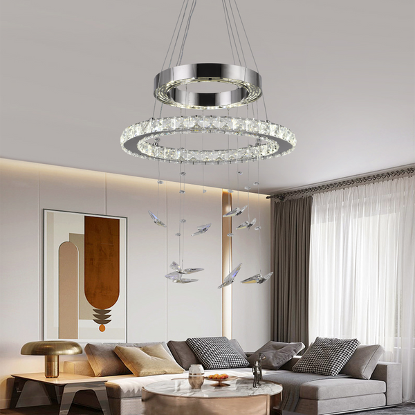 Lustra LED suspendata cu telecomanda si cristal 37W, 2 Cercuri, lumina Rece/Calda/Neutra, Dimabila, Crom Lucios, Inaltime Reglabila